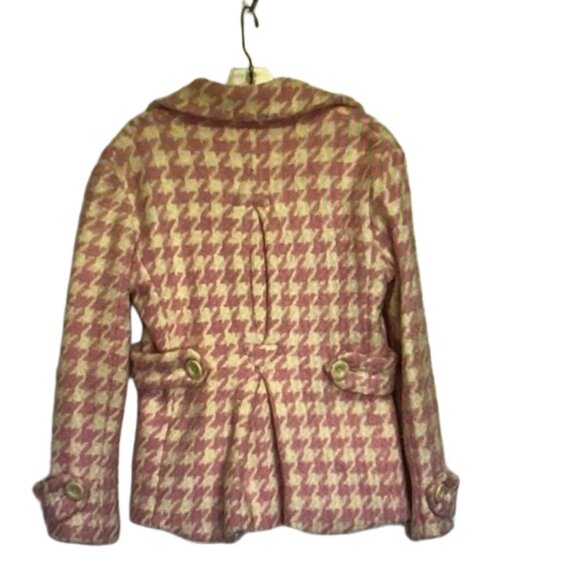 COFFEESHOP Pink Houndstooth Wool Pea Coat Retro Glam Twee Medium M - Picture 4 of 16